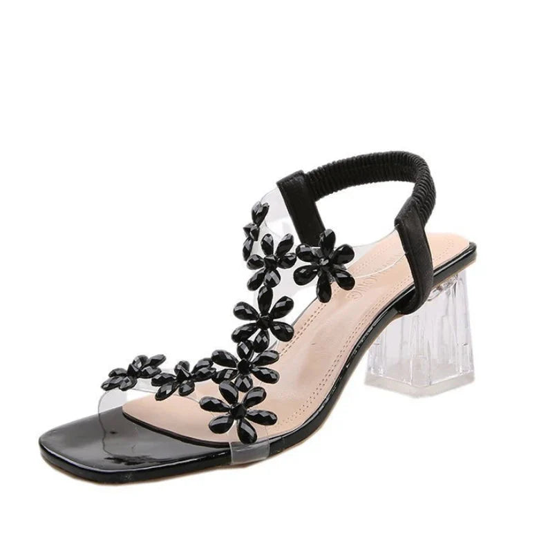 Sandales à talons blocs florales ornées de strass pour femmes